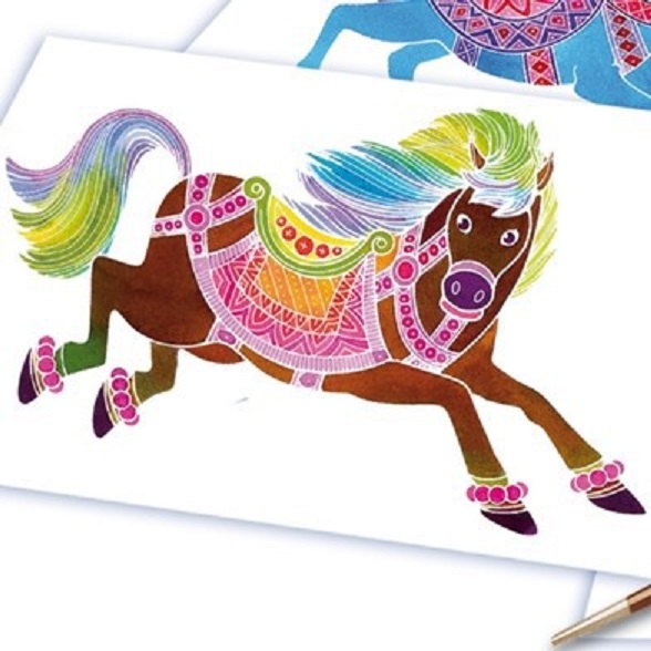 Акварельная раскраска – Лошади, с красками  